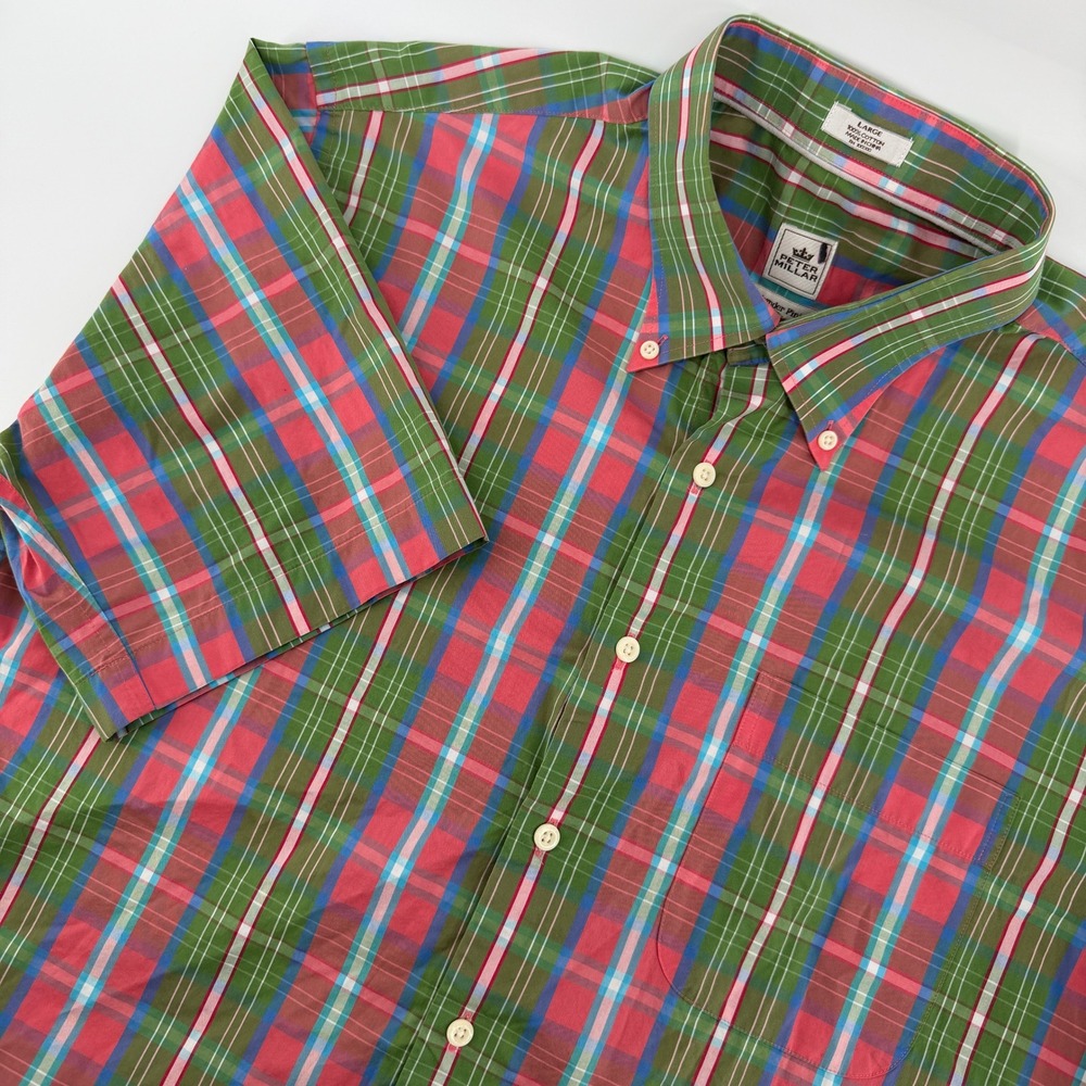 Peter Millar Shirt Mens L Green Pink Plaid Short Sleeve Weekender Casual Golf